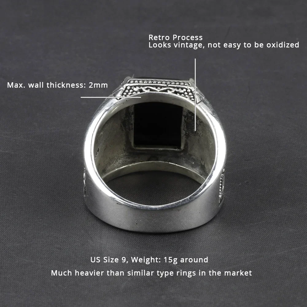 925 Sterling Silver Mens Signet Rings With Black Onyx Natural Stone Retro Flower Engraved Punk Rock Vintage Jewelry silver ring silver rings natural stone ring