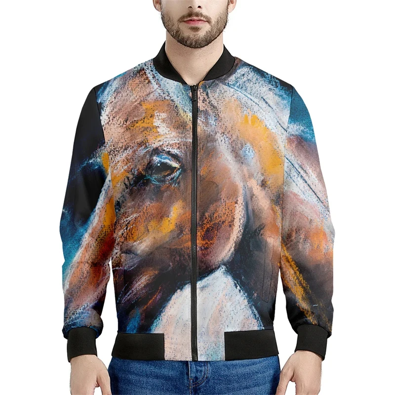 thumbnail image 1 of Nuevo abrigo para hombre con estampado 3D de caballos, chaqueta de calle de moda de manga larga, chaqueta de vuelo informal, chaqueta de cuello alto para exteriores, 1 of 5