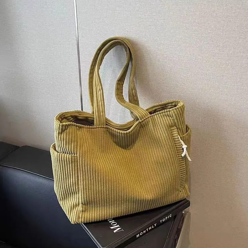 Shoulder Bag Casual Corduroy Handbag with Zipper Closure Light and Large Capacity Fixed Shoulder Strap Solid Color Daily Commuter Handbag shoulder bag