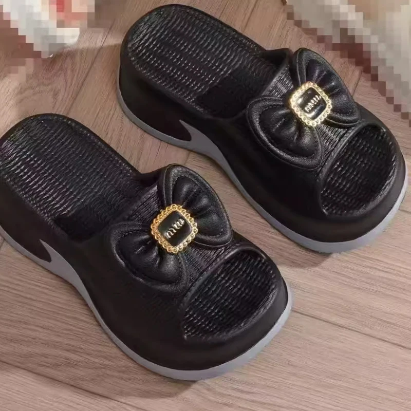 Women Summer EVA Flip Flops Thick Soled Elevated Bow Slippers