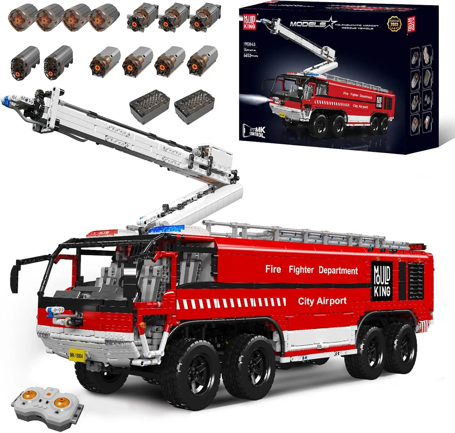 MOULD KING 19004 Technical MOC-4446 Airport Crash Tender Truck Building Blocks City Remote Control Fire Engine Toys for Kids