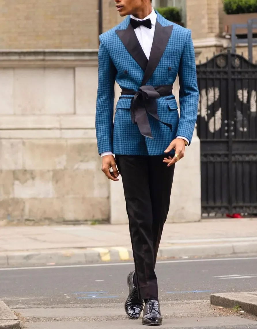 Men's Suits Blazers Blue Houndstooth TailorMade 2 Pieces Blazer Black Pants Tuxedo With Belt Modern Business Wedding Groom Prom