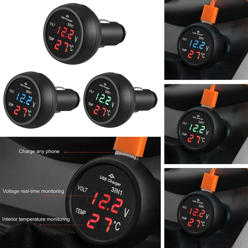 Caricabatterie per Auto 3 in 1 12/24V con Voltmetro e Interruttore, Voltmetro Digitale LED per Auto, Termometro, Caricatore USB - Image 2