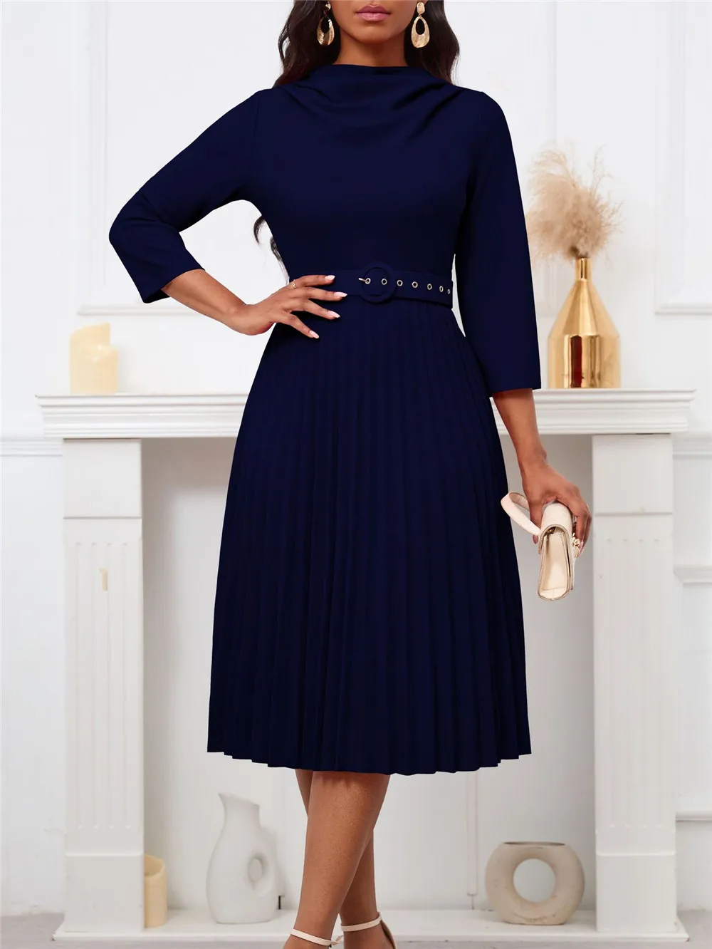 

Women's Spring Fashion Temperament Elegant Pleated Skirt Elegant Pile Collar Solid Color Plus-size Dress D459