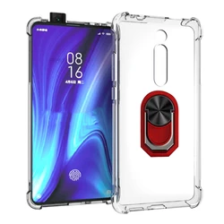Enhanced Silicone Case Cover with Finger Ring for Xiaomi Mi 9T Pro (Clear TPU C Red)