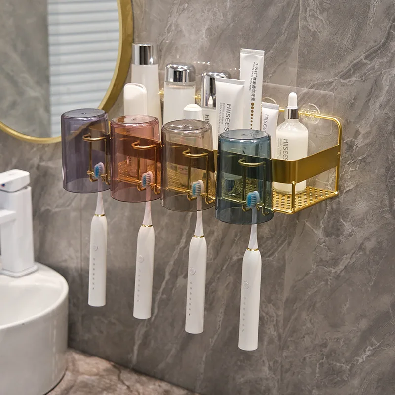 Gold toothbrush storage rack no punching mouthwash cup bathroom skincare product storage rack bathroom accessories cup holder