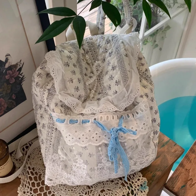 MBTI Cute Womens Backpack Elegant Lace Floral Patchwork Fashion Pleated Aesthetic Backpacks Bow Female Sweet Kawaii Female Bag 2
