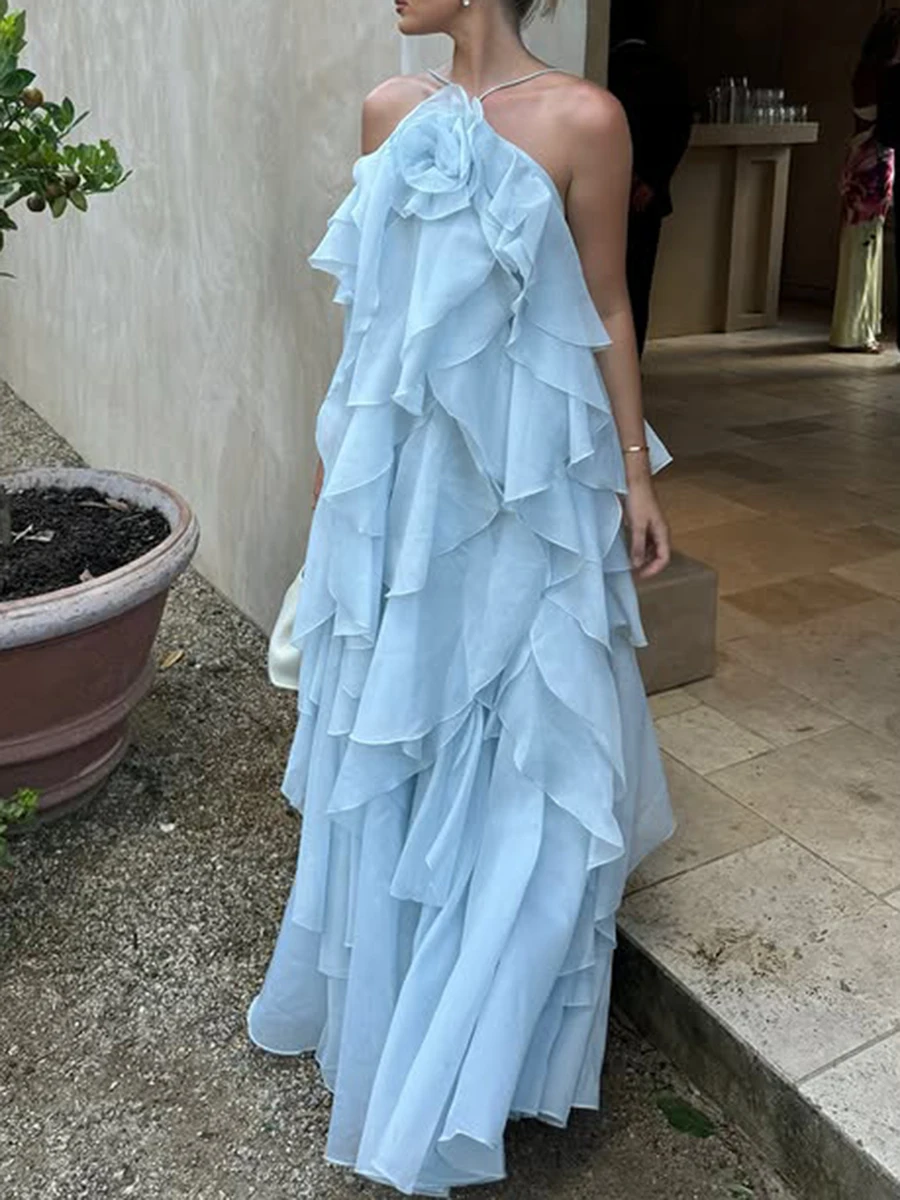 Elegant Halter Dress - Solid Ruffled Backless Sleeveless Fashion for Women