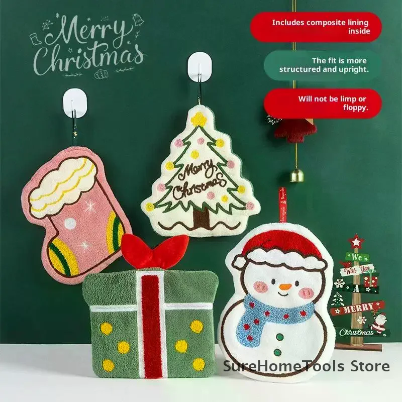 Christmas Coral Fleece Hand Towel Cartoon Gingerbread Man Snowman Tree Soft Absorbent Home Kitchen Bathroom Cleaning Cloth