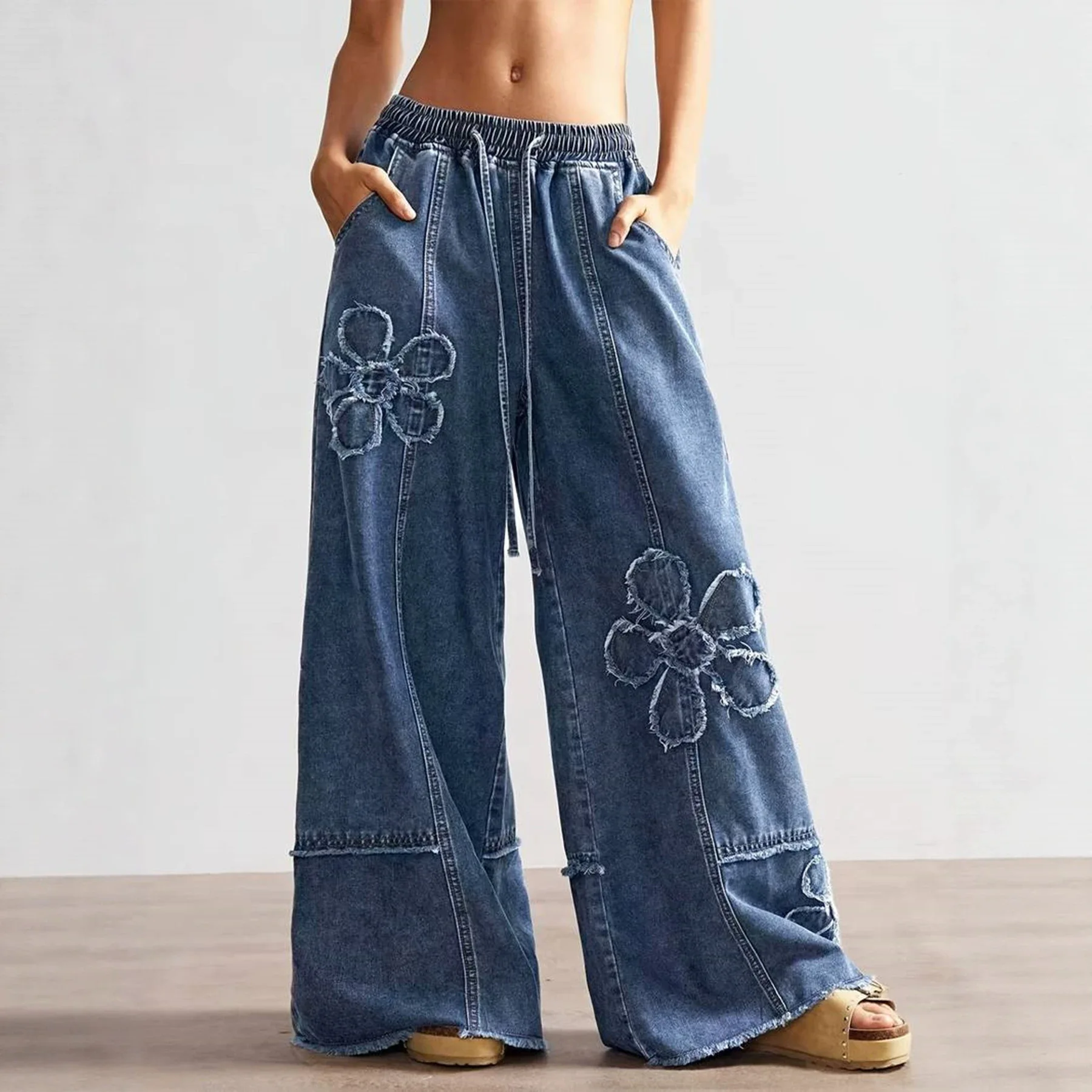 Jean en denim ample à jambe large pour femme, avec cordon de serrage à pampilles, taille élastique, patch brodé, coupe fluide et longueur au sol