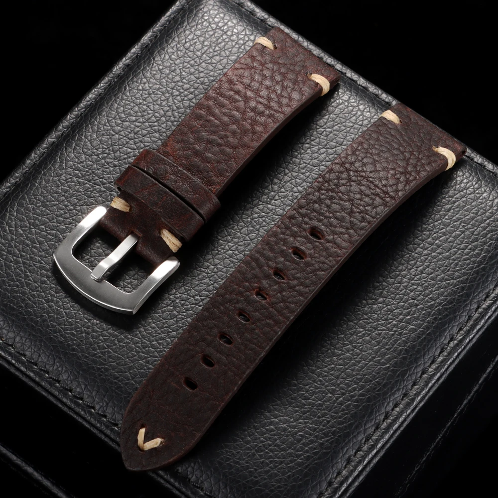 Vintage Genuine Cowhide Leather Watch Band with Metal Buckle