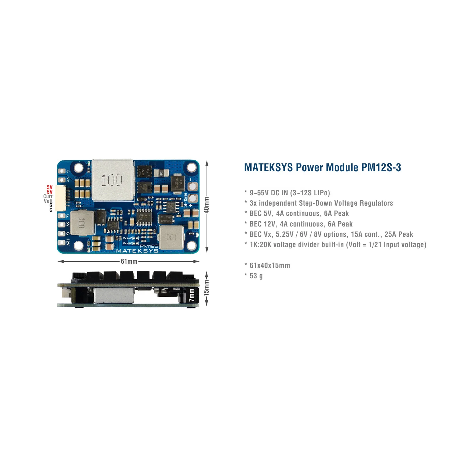 Matek PM12S-3 POWER MODULE 9V to 55V independent Step-Down Voltage Regulators for RC Model Airplane Helicopter FPV Racing Drone