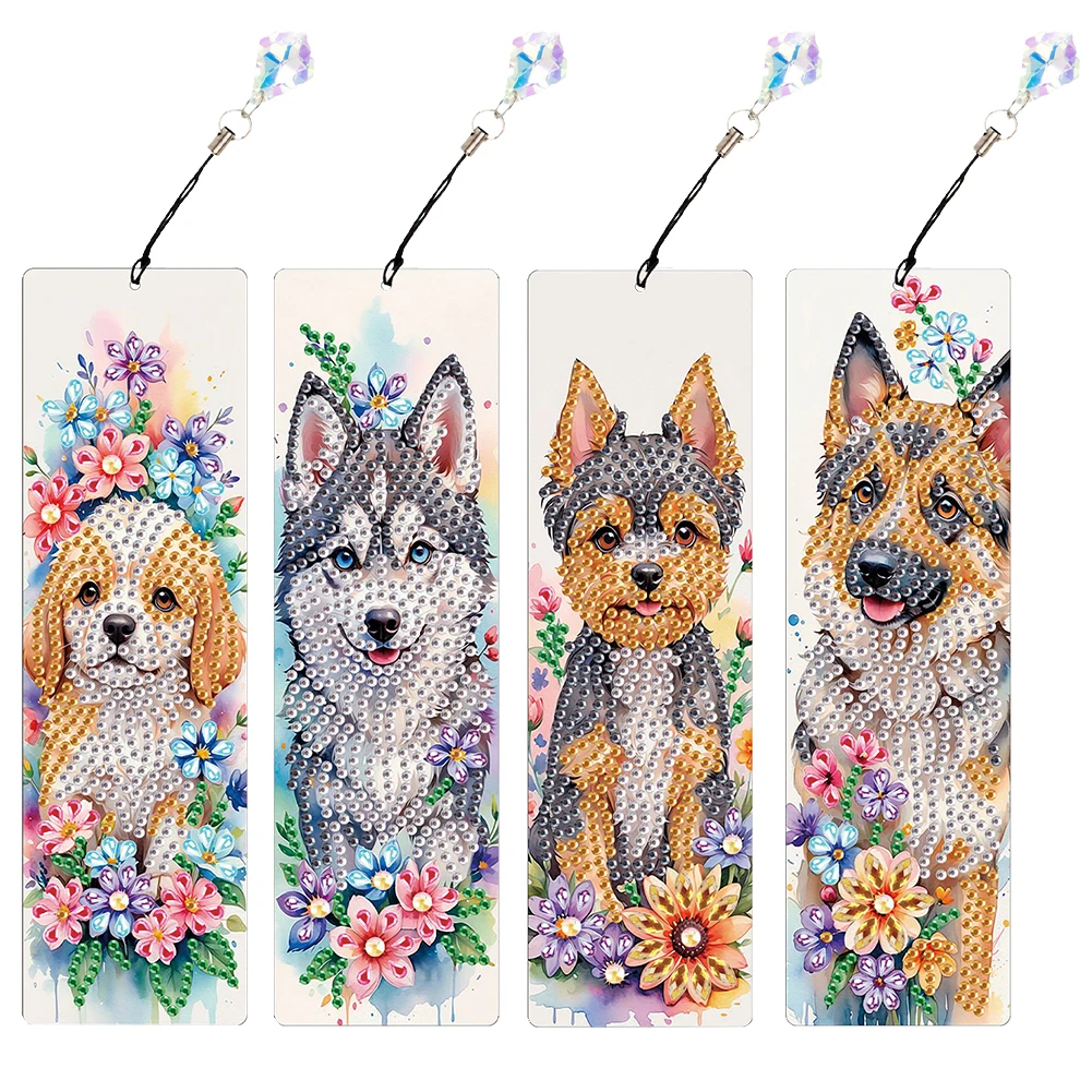 4Pcs Special Shape Flower Puppy Diamond Bookmark 5D DIY Diamond Painting Art Projects with Pendant Diamond Art Painting Kit Diamond Painting Set Diamond Painting Accessories