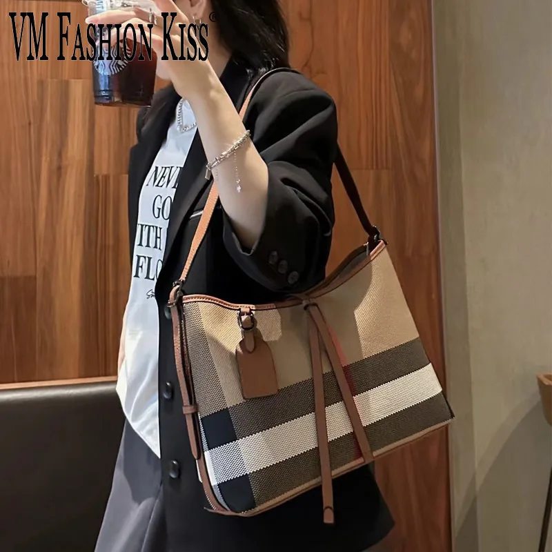 

VM FASHION KISS 2023 Classic Striped Canvas + Cowhide Casual Tote Shoulder Bag Women Handbag Tassel Crossbody Bags Composite Bag