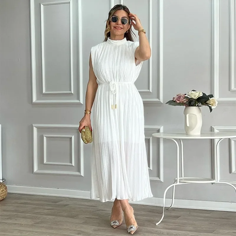 

Waist-Controlled Lace-up Mid-Length Dress Y2K Simple Long Dress Women Half Turtleneck Elegant Solid Color Long Casual Dress