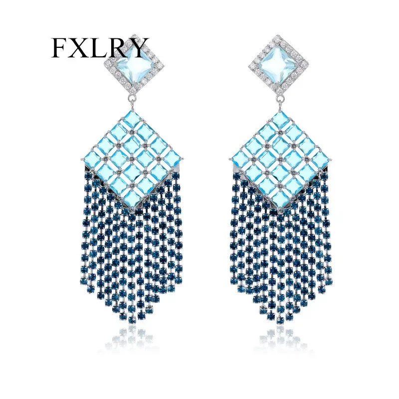 

FXLRY s925 Silver Needle Fashion Cubic Zircon Exaggerated Geometric Long Tassel Earrings For Women Wedding Gift