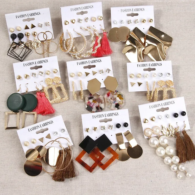 Women Earrings Set Tassel Pearl Bohemian Fashion Geometric Kolczyki Hoop dangle earrings,hoop earrings,pearl earrings,crystal tassel earrings
