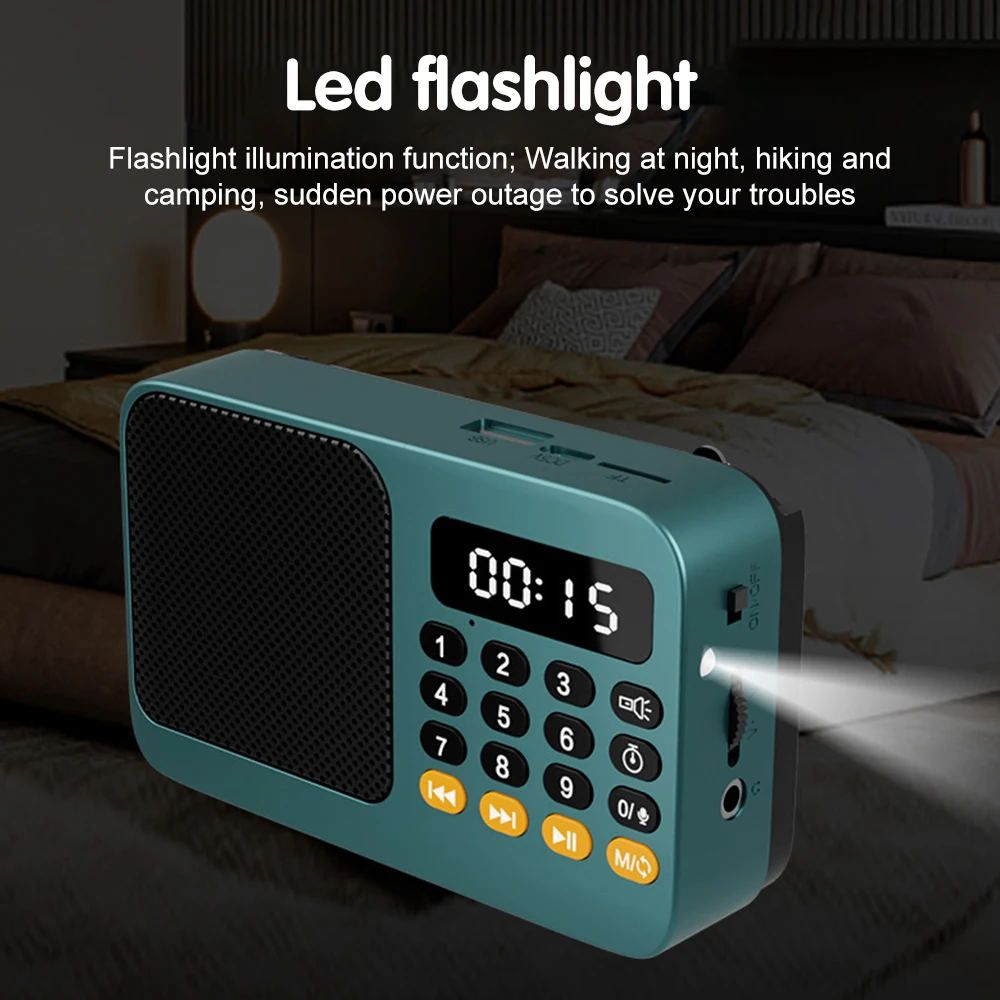 휴대용 FM 라디오 핸드헬드 충전식 LCD 디지털 FM USB TF MP3 음악 플레이어(손전등 포함) 무선 블루투스 스피커
