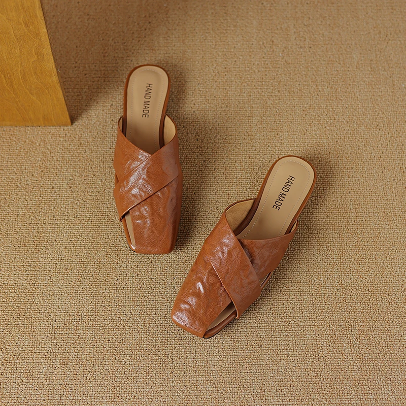 Genuine Leather Women Slippers Fashion Elegant Office Slip on Flat Shoes Ladies Mature Summer Beach Shoes Women Pumps 2024 New