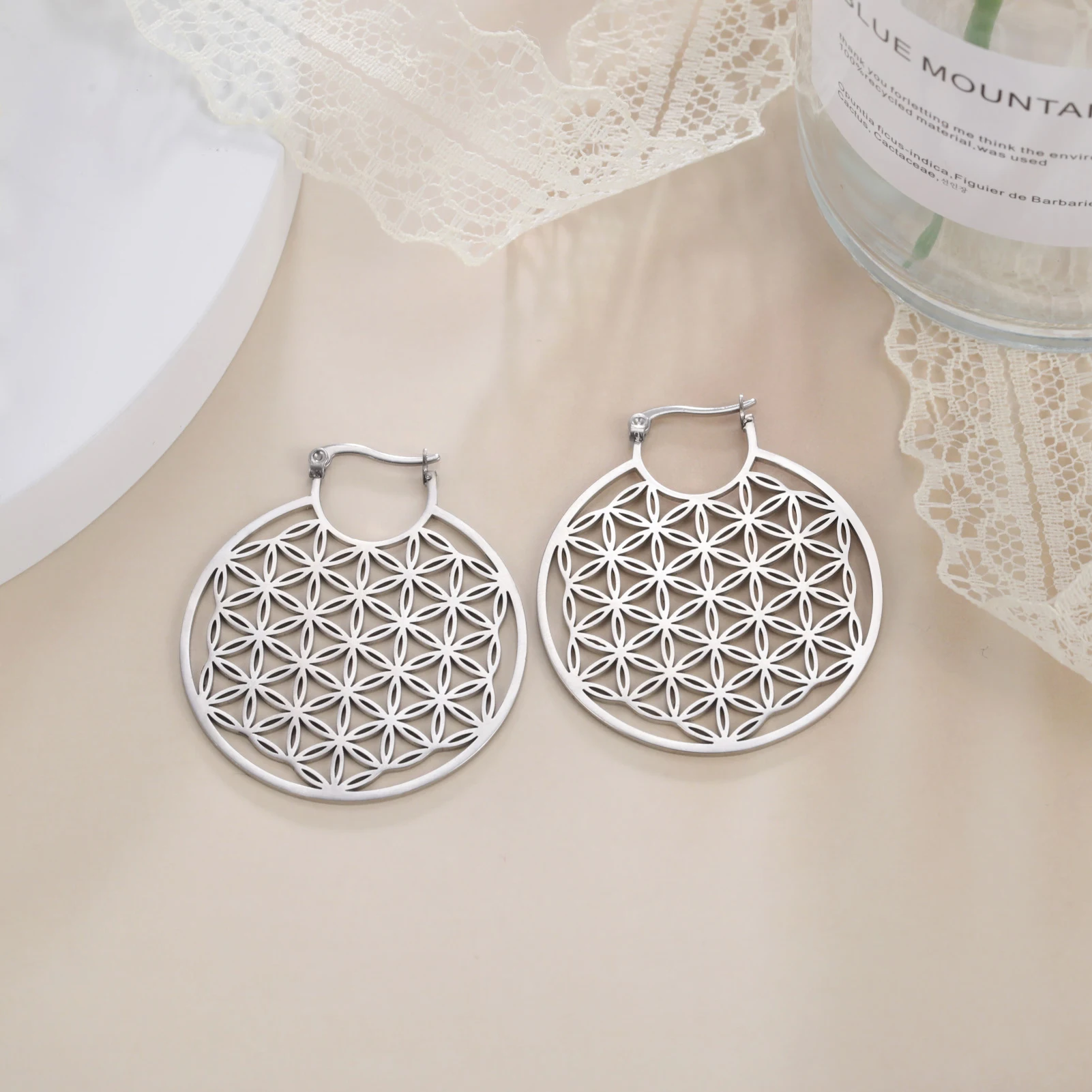 LIKGREAT Flower of Life Hoop Earrings for Women Mandala Stainless Steel Hoops Gold Color Hollow Drop Earrings Vintage Jewelry