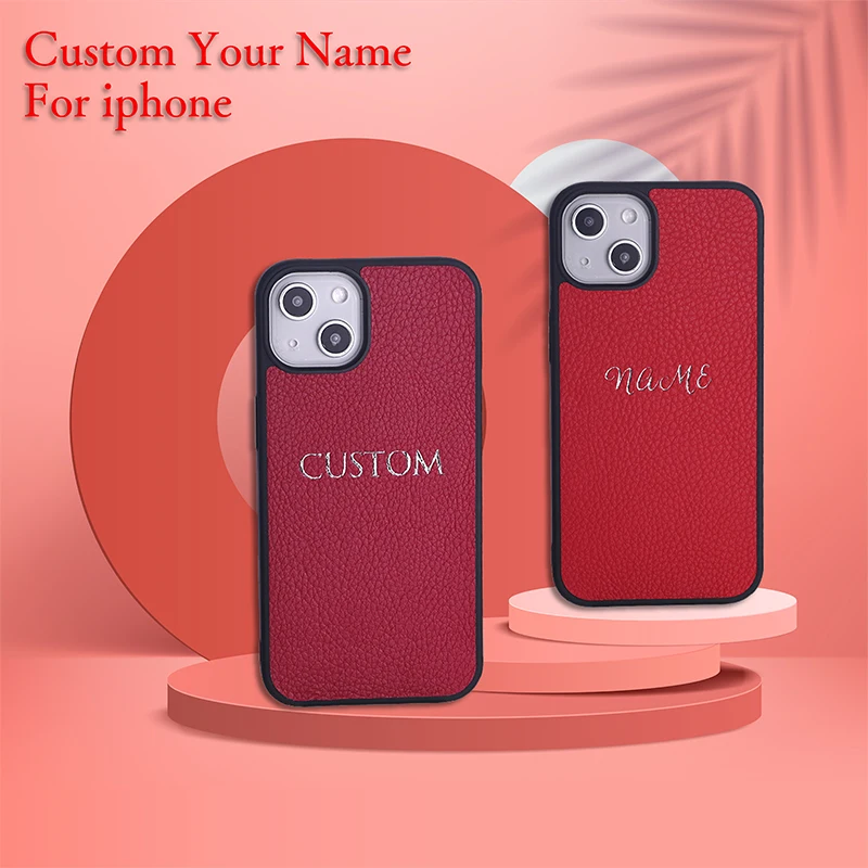 

Personalized Custom Initial Name Pebble Leather Metal Letter Phone Case For iPhone14 14ProMax 14Plus 13Promax Soft Phone Cover