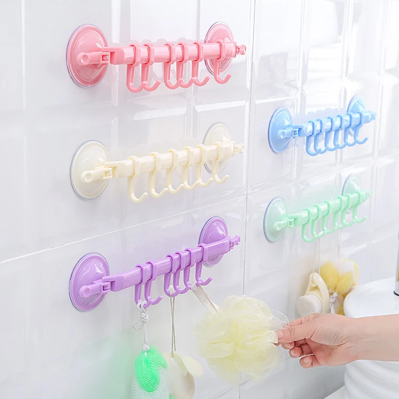 

6 Hooks Movable Bathroom Hooks Plastic Suction Cup Kitchen Hanger Organizer Bathroom Accessories Flexible Storage Rack Shelf