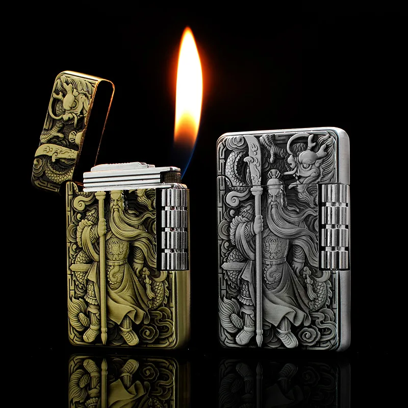 

New Engraving Guan Gong Pattern Langsheng Grinding Wheel Gas Lighter Sideslip Ignition
