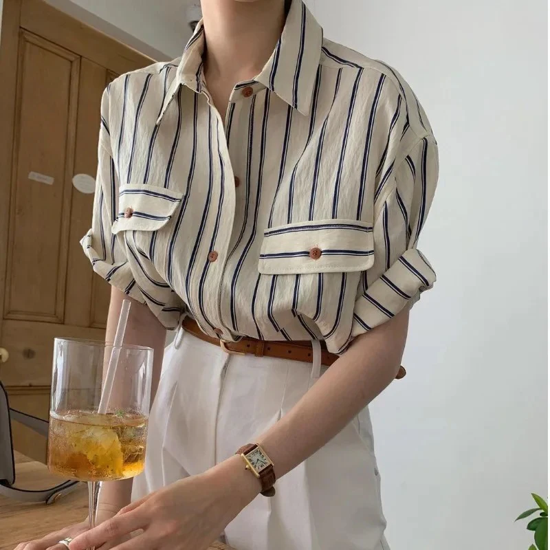 여성용 한국 패션 블라우스, 옷깃 대비 색상, 세로 줄무늬, 루즈, 올매치 소매, 하이 퀄리티 셔츠, 여름