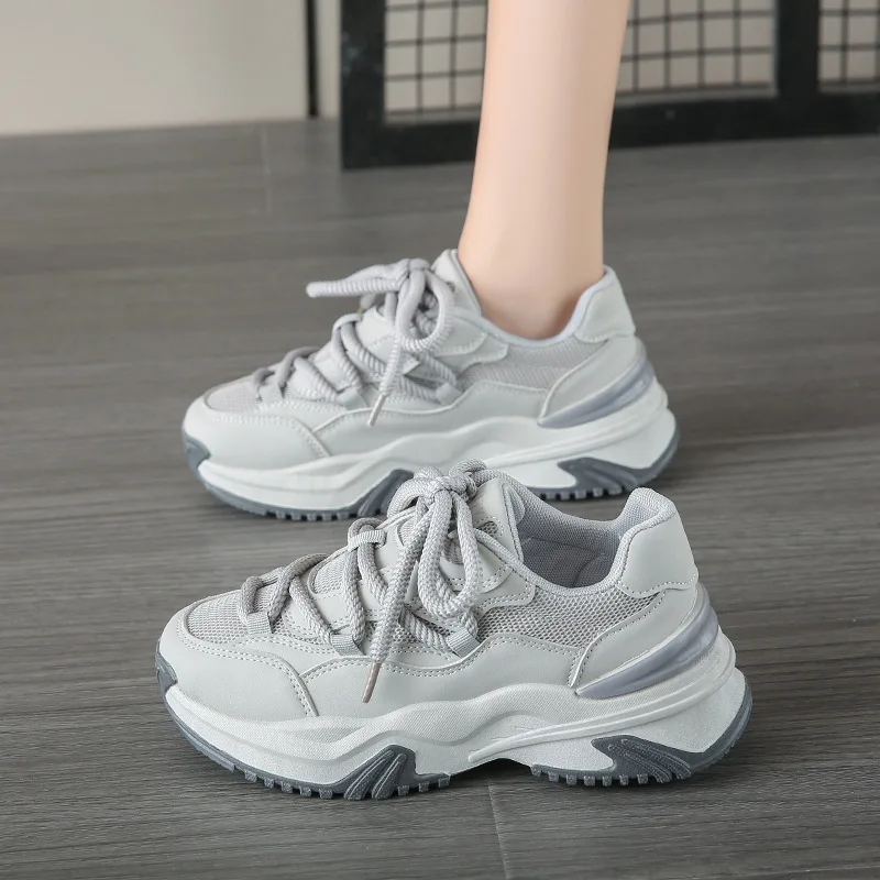 

Gray Dad Shoes Women Shoes Spring New Breathable Mesh Versatile Increased Lightweight Anti-Slip Soft Sole Casual Sports Shoes