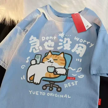 Fun Cartoon Cat Letter Print Summer Women's Short Sleeved T-shirt Round Neck Versatile Fashion Couple Top 1