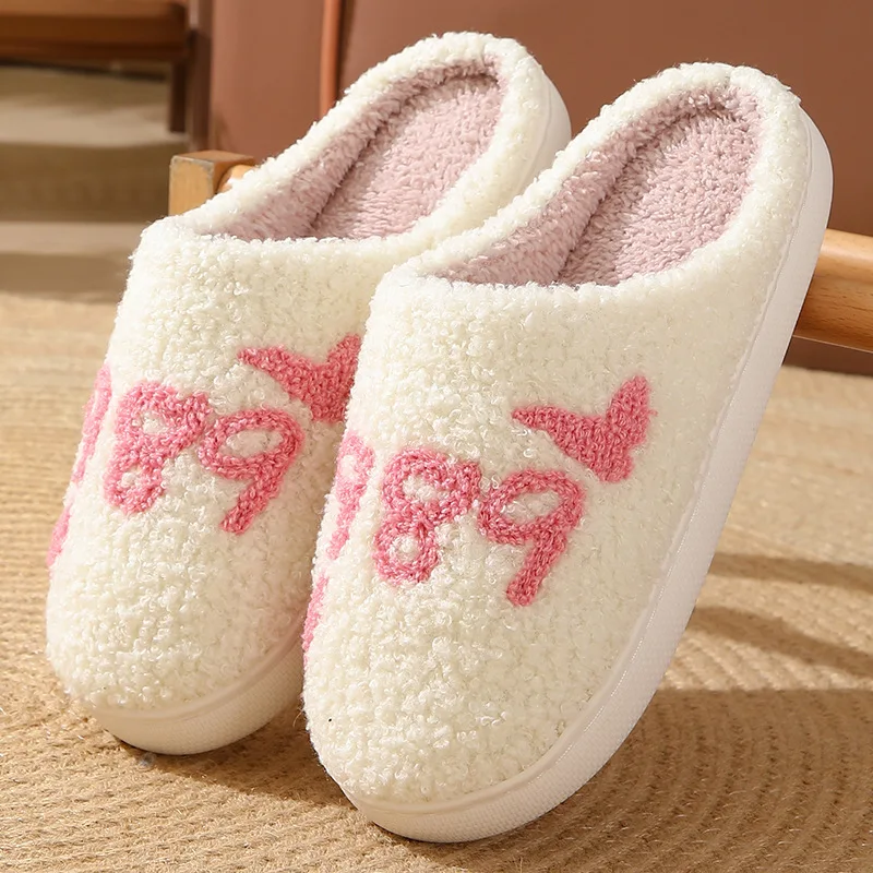 Women's Lovely Pretty Bow Flowers Slippers Men Cartoon Soft Warm Sandals Females Cute Plush Cotton Flat Slides For Autumn Winter 4