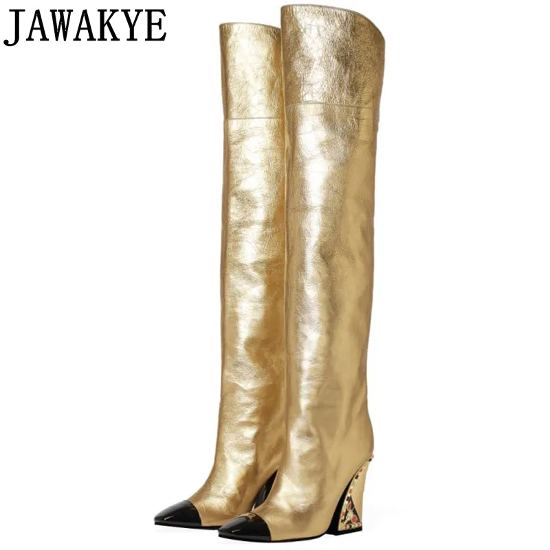 

Autumn winter knee high boots women pearled jeweled wedge high heel thigh high booties gold over the knee boots runway 2022