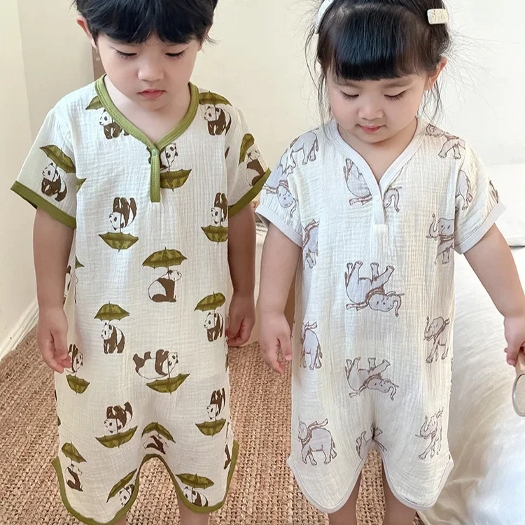 Babyrobea 순면 원사 어린이 반팔 잠옷,  수면 원피스, 반팔 잠옷, 2024 여름