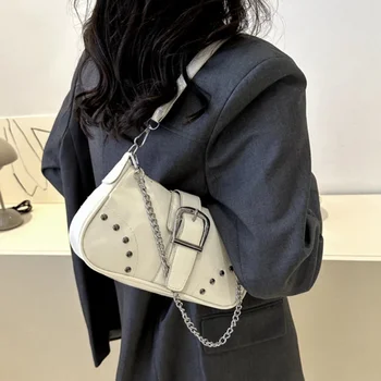 Vintage Rivet Women's Shoulder Bags Solid Color Ladies Underarm Bag Fashion Chain Small Handbags PU Leather Female Tote Purse
