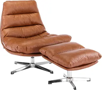 Comfy Accent Swivel Lounge Chair with Ottoman, Faux Leather Upholstered Oversized Club Chair, for Living Room/Bedroom, Brown 1