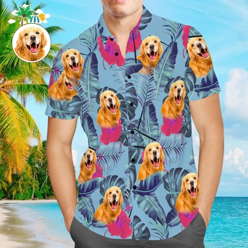 Custom Dog Face On A Hawaiian Shirt For Pet Lover DIY Personalized Pet Photo Beach Shirts For Men Oversized T Shirt 4