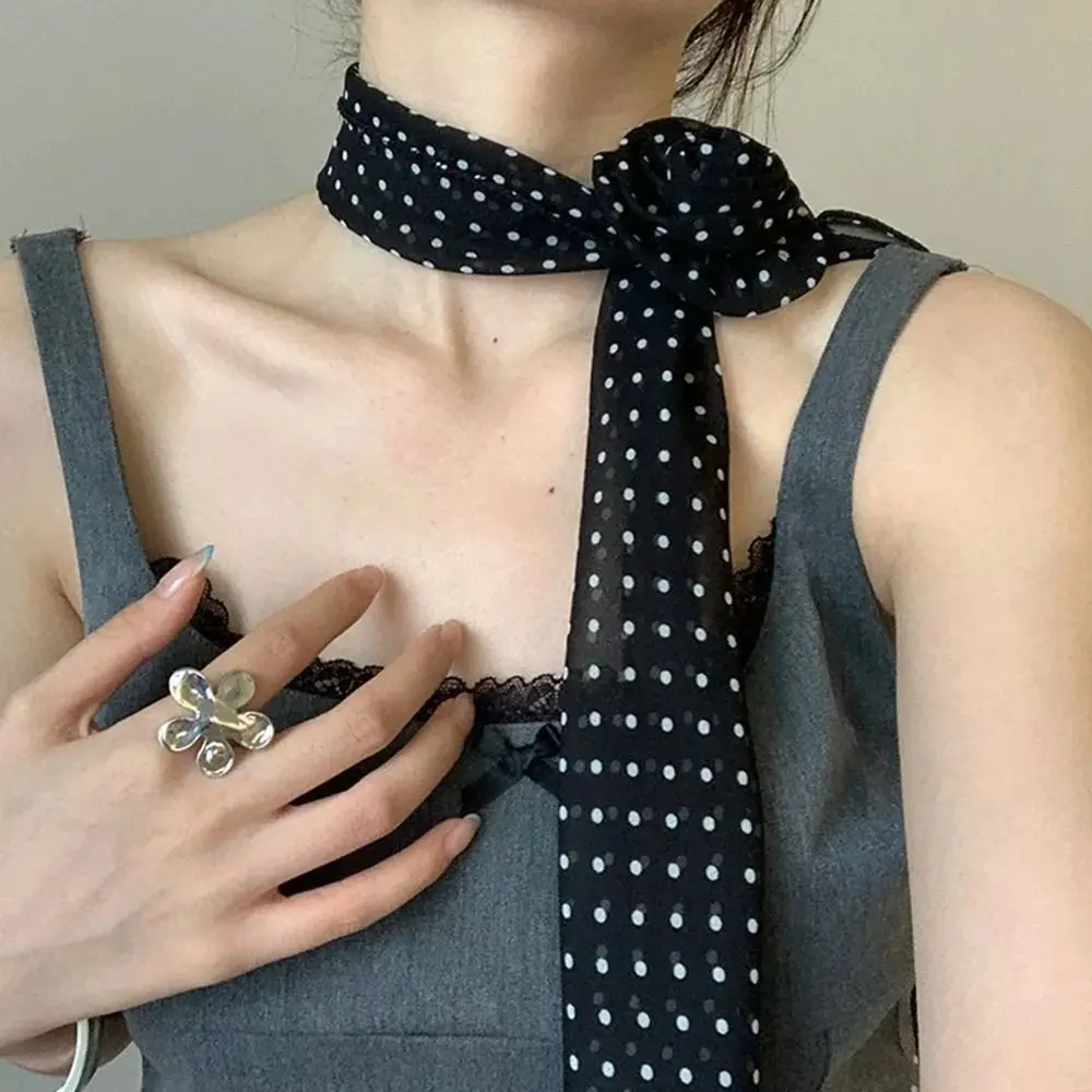 Elegant Rose Flower Long Satin Scarf Soft Kerchief Chiffon Neckerchief Pure Color Collar Decoration Chiffon Scarves 5
