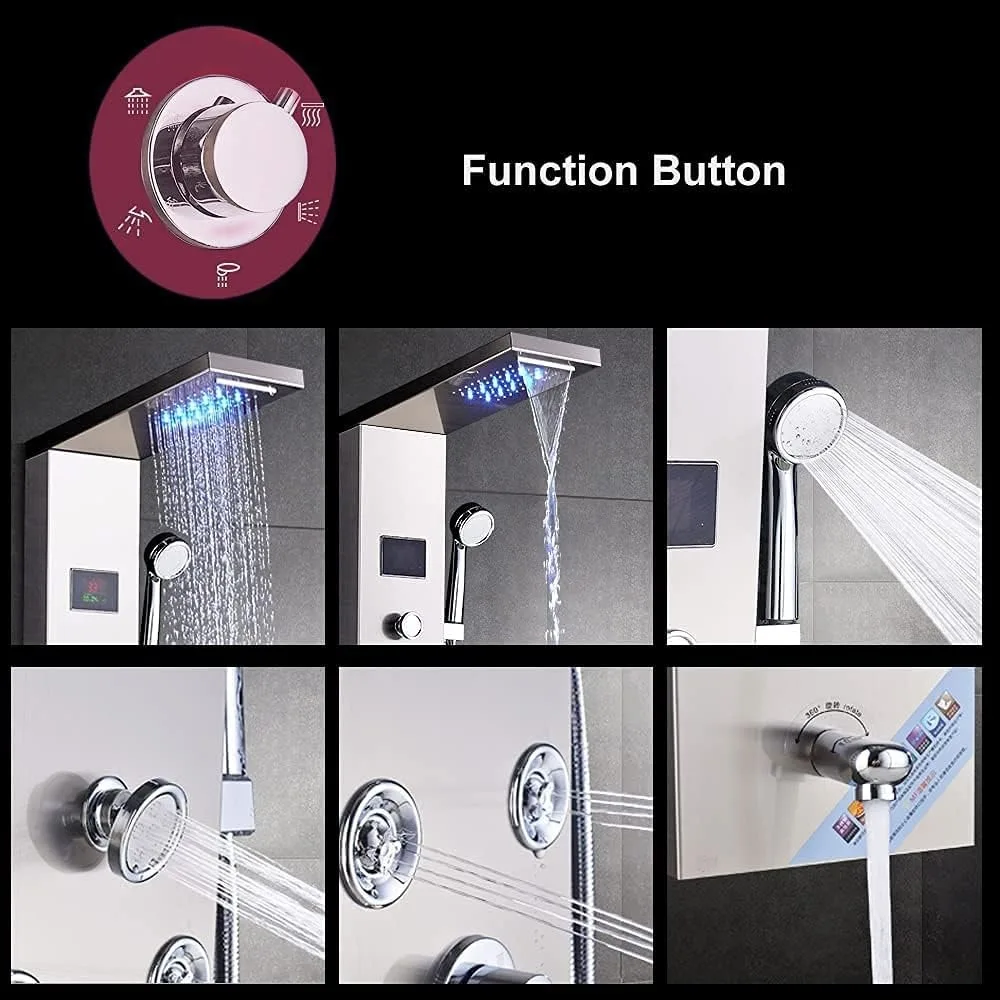 FUZ Contemporary Shower Panel Tower System Stainless Steel 6-Function Faucet LED Rainfall Waterfall Shower Head