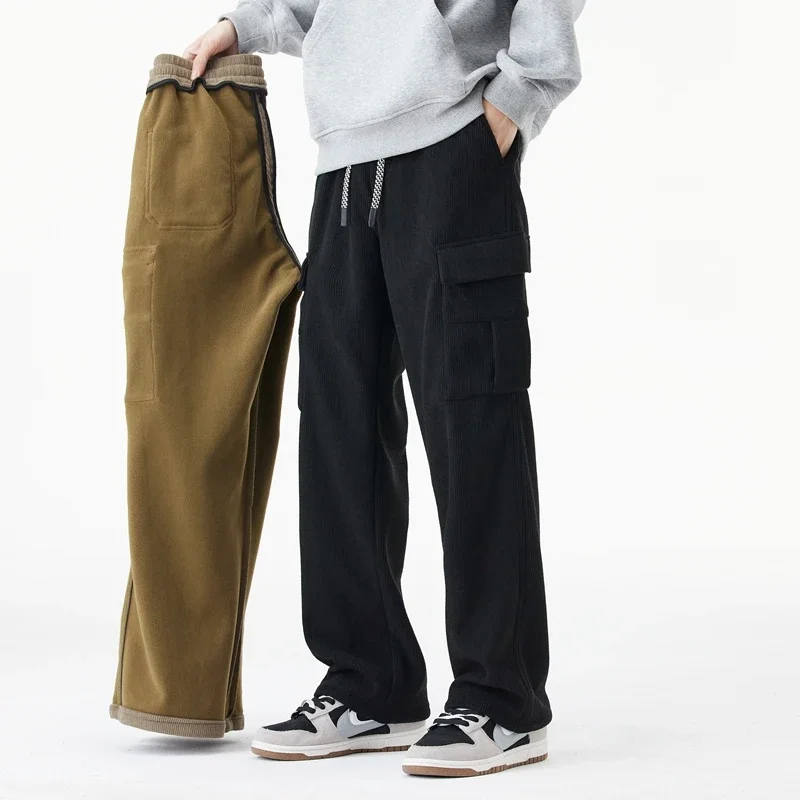 Winter Woolen Cargo Pants Thickened Men Casual Pants Solid Trousers Straight Leg Outdoors Streetwear Comfortable Fabric Unisex 2