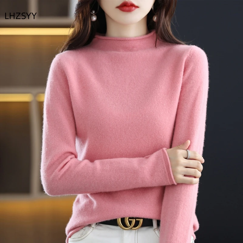 

LHZSYY 100%Pure Wool Sweater Women' Hemmed Semi-high Collar Base Shirt New Loose Pullovers Autumn With Casual Knit Cashmere Tops