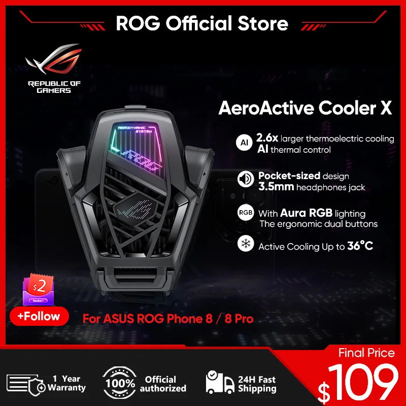 Кулер Asus ROG AeroActive X для ROG Phone 8/8 Pro, Funcooler, держатель вентилятора охлаждения с подсветкой Aura lighting, аксессуары для игровых телефонов