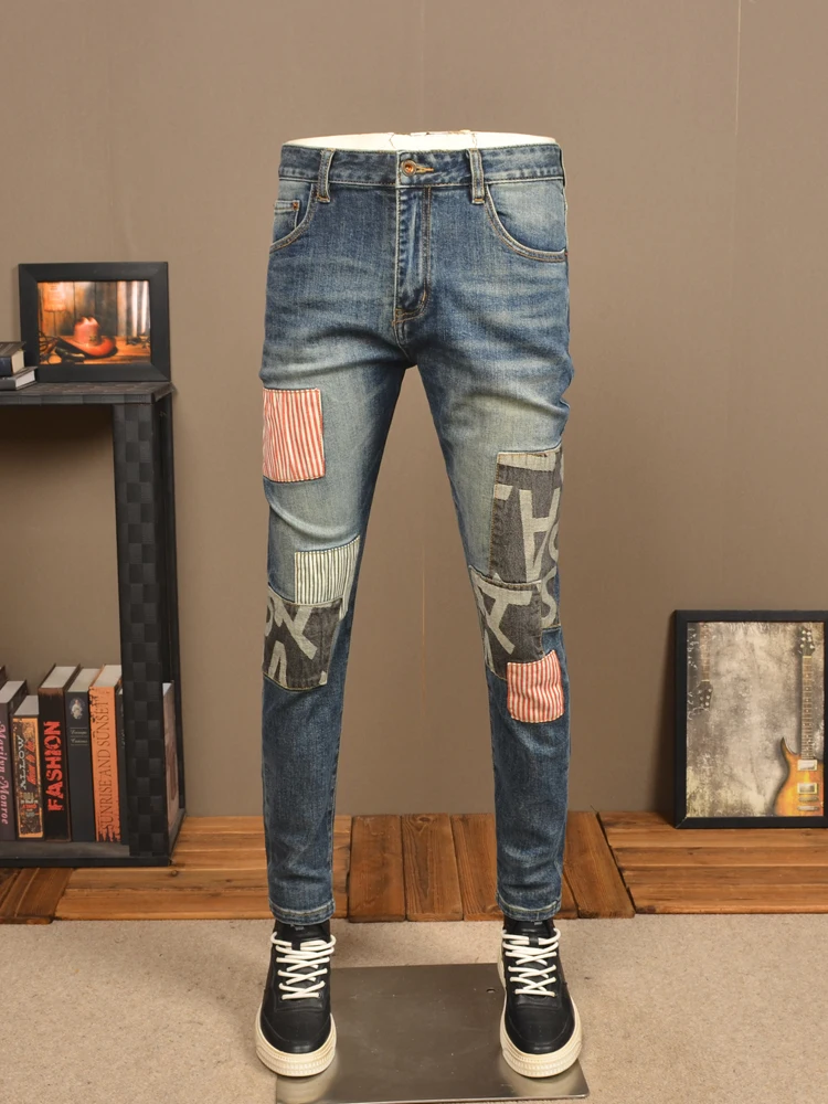 Fashion Striped Letter Patchwork Jeans Men Casual Blue Slim Fit Straight Pants Streetwear Patches Denim Trousers