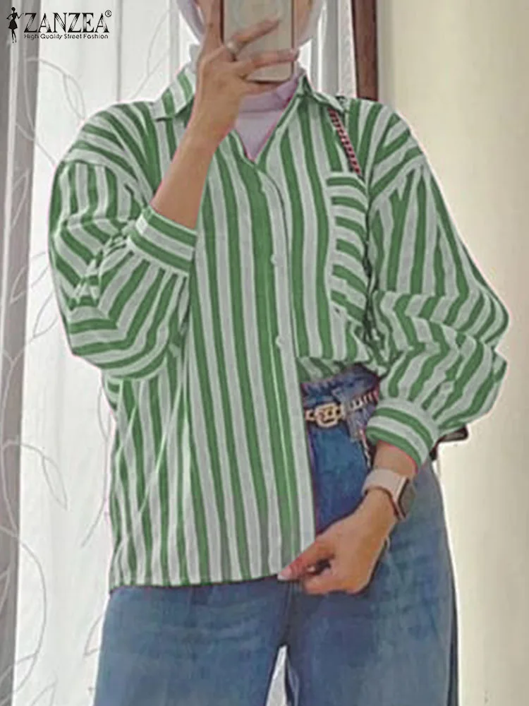 

ZANZEA Muslim Fashion Tops Elegant Women Shirt Autumn Long Sleeve Lapel Neck Stripe Blouse Turkey Abaya Kaftan Female Blusas