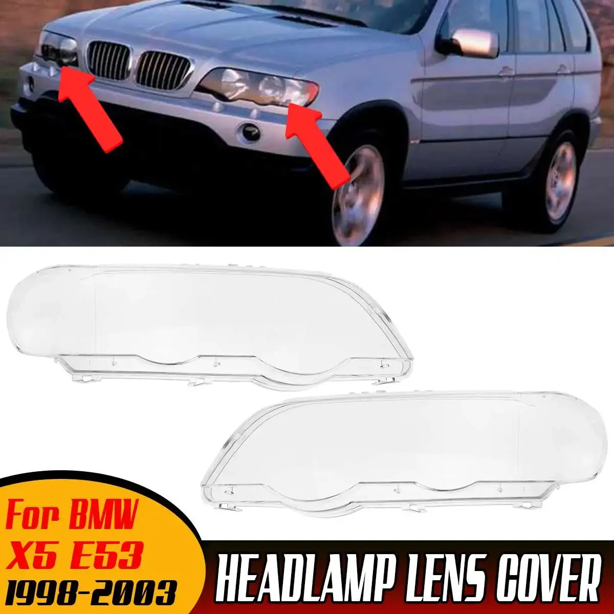 

2x Headlight Lens Cover Car Front Headlight Headlamp Lens Cover For BMW X5 E53 1998-2003 Head Lamp Hoods Shell Cap Cover