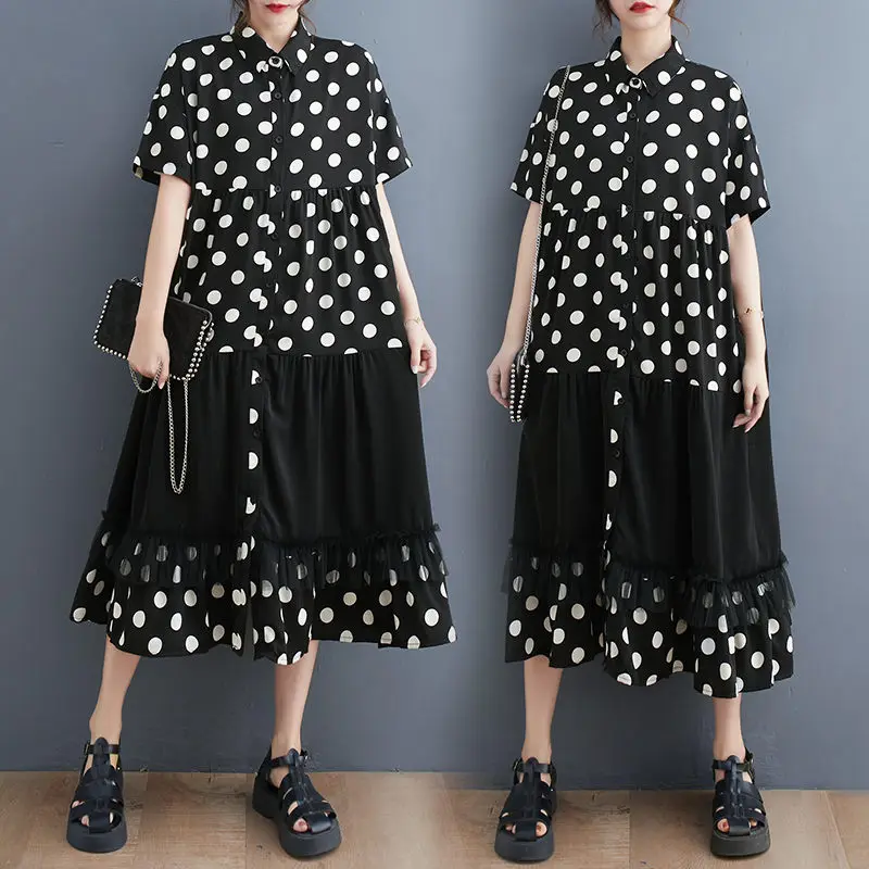 

Large Size Women's 2023 Spring And Summer Korean Version Slim Print Patchwork Fashion Long Shirt Dress Short Sleeve Clothes Z225