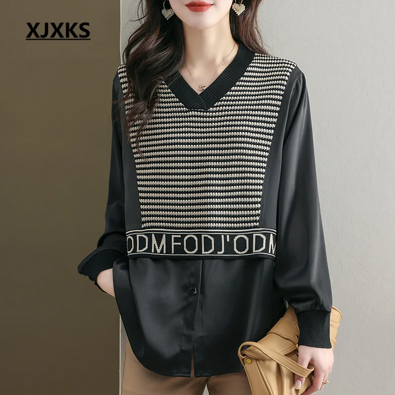 

XJXKS Fashion V-neck Long-sleeved Women's Stitching Sweater 2023 Spring Autumn New Loose Oversize Comfortable Female Pullover