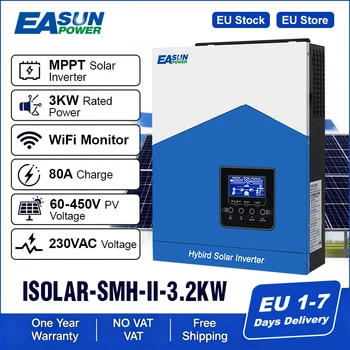 Easun Power 3200VA 3000W Solar Hybrid Off Grid Inverter MPPT 80A Caricatore solare 24V Lifepo4 Batteria al litio 230VAC PV 60V-450VDC