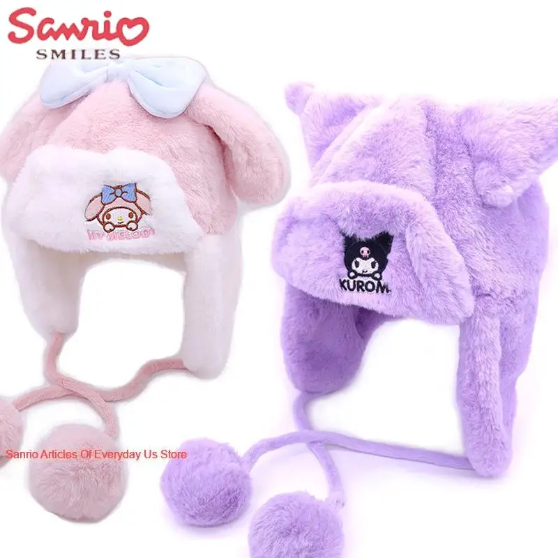 

New Sanrio Hello Kitty My Melody Cartoon Plush Windproof Hat for Girls Autumn and Winter Kawaii Warm Ear Protection Lei Feng Hat