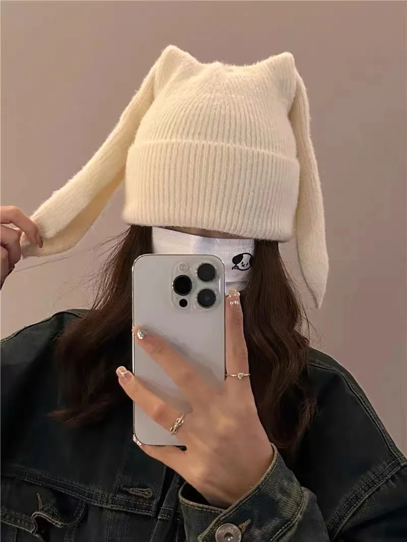 New 1Pc Bunny Hats Beanie Long Ear Warm Hat Crochet Knitted Hat Cute Bunny Hat Rabbit Ears Hats for Women Winter Hats Warm Caps 6