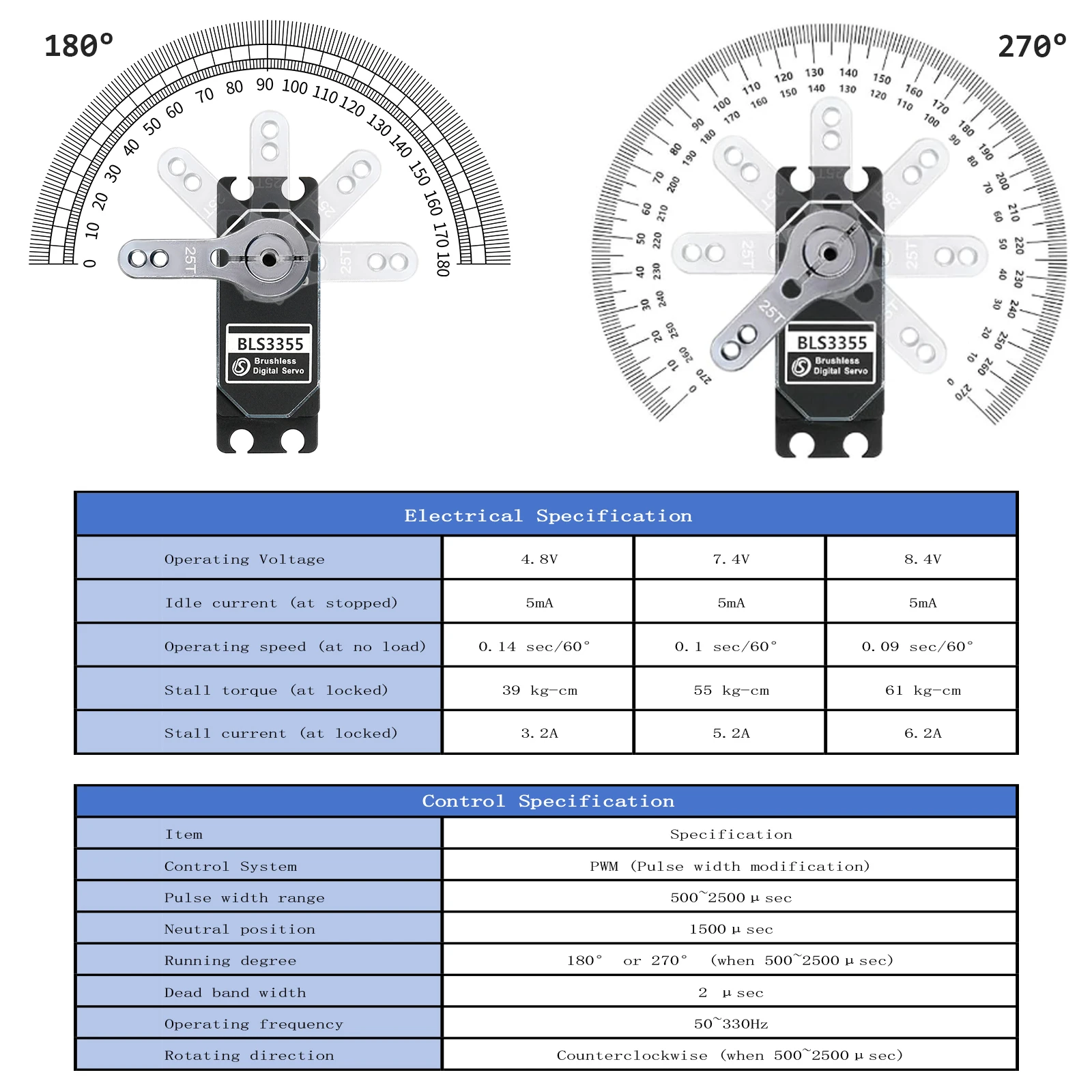 BLS3355 7.4V 55kg Digital Servo High Speed Brushless Motor Servo 180/270/360 IP67 All Metal for 1:8 1:10 1:12 RC Car Robot